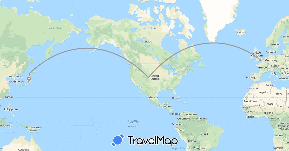 TravelMap itinerary: driving, plane in United Kingdom, Japan, United States (Asia, Europe, North America)